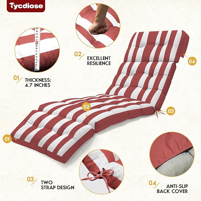 Outdoor Chaise Lounge Chair Cushion Set of 4, Waterproof 74.4 x 22 x 4.7 Inches Memory Foam Thickened Lounge Chair Cushions Replacement for Outdoor Furniture with Ties, Stripe Red&White