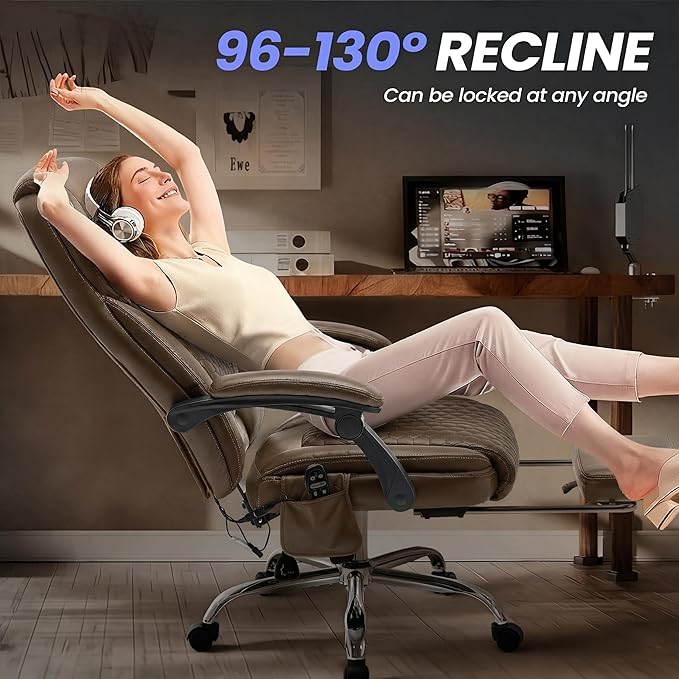 MALOL Massage Office Chair with Heat and Footrest - 3-Level 65°C Targeted Heating, 20-Min Easy Assembly Leather Desk Chair, Big and Tall Executive Computer Chair with Side Pocket, 300 lbs, Brown