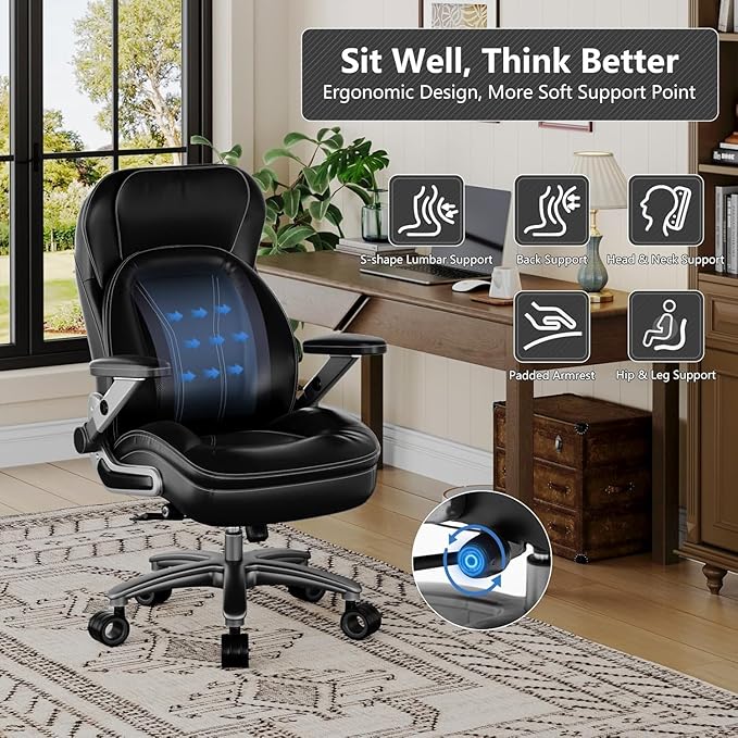 Big and Tall Office Chair, 600lbs Heavy Duty Desk Chair with 5D Arms, Adjustable Lumbar Support & Height, Tilt Function, PU Leather High Back Ergonomic Executive Computer Chair