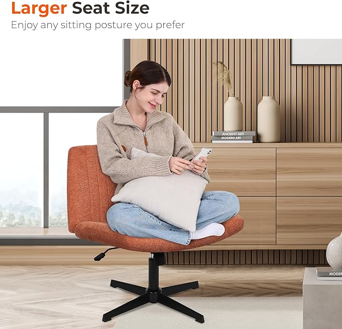 NEO CHAIR Criss Cross Chair No Wheels Armless Cross Legged Office Desk Wide Comfy Vanity Makeup Chair Adjustable Computer Task for Home Office Fabric (Brown)