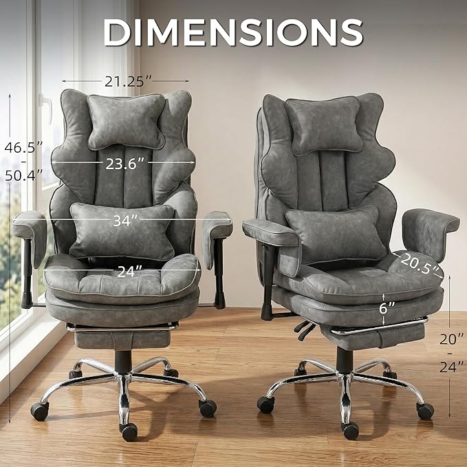 Big and Tall Massage Office Chair with Heat, Extra Wide Double-Layer Pocket Spring Cushion, High Back Reclining Gaming Chair with Adjustable Armrests & Footrest, Heavy Duty Ergonomic Chair, Gray