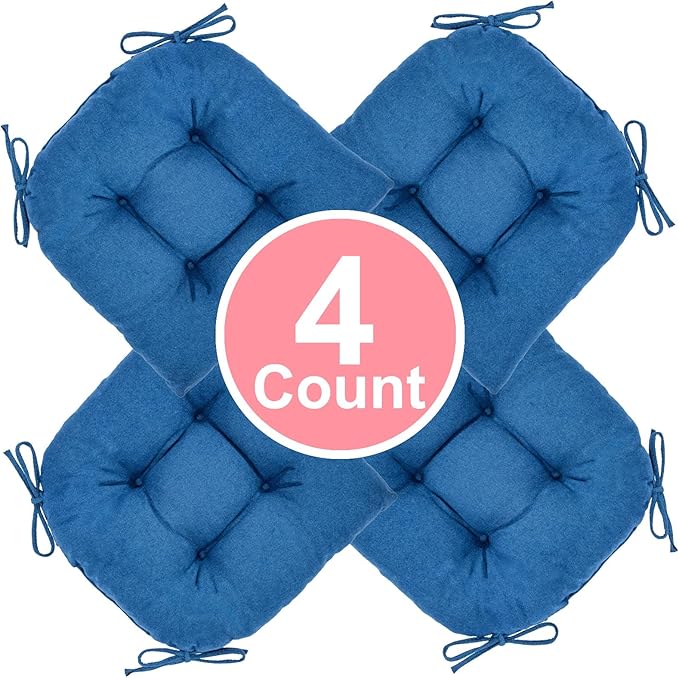 Chair Cushion, Chair Cushions for Dining Chairs, Chair Pads and Mat with Ties for Indoor Kitchen Seat and Desk (Prussian Blue, 4 Count - 17 x 16 in)