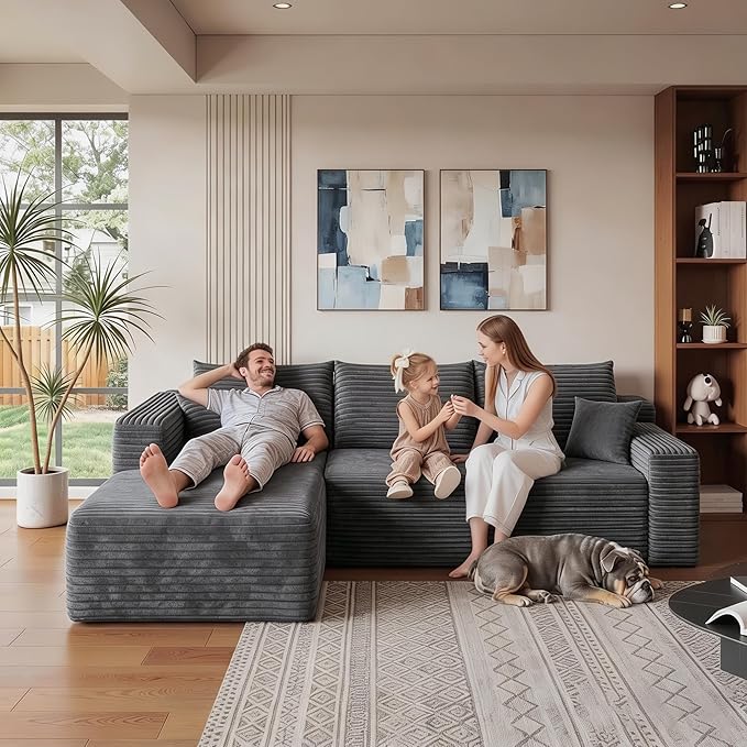 94" Darkgrey Boneless Couch with Left Facing Chaise for Living Room,Corduroy L-Shaped Sectional Couches,Compressed Memory Foam Cloud Sofa,No Assembly Required,Darkgrey