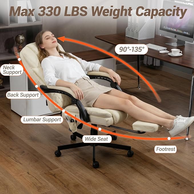 Massage Office Chair with Foot Rest, 6 Points Vibration Heating Executive Chairs Ergonomic Home Office Desk Chair with Reclining Backrest, Adjustable Arms and Lumbar Support-Beige