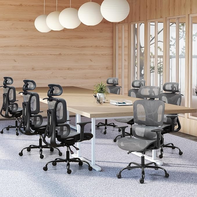 ECOTOUGE Ergonomic Office Chair, High Back Mesh Computer Chair with Lumbar Support, Adjustable Headrest & 3D Armrests, Reclining Desk Chair for Home, Gaming Chair for Adults, 330LBS Capacity, Grey