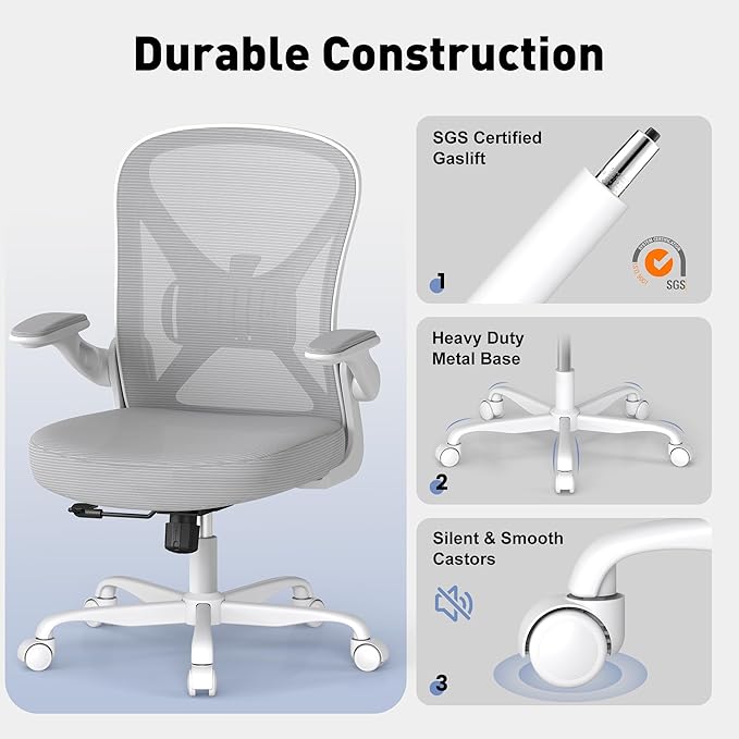 Ergonomic Mesh Office Chair, Computer Chair with Flip-Up Armrests, Adjustable Lumbar Support, Height Adjustable, Smooth Casters, and 360° Swivel, 6PC, Grey