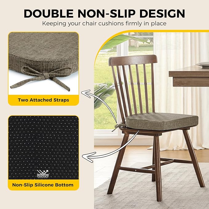 downluxe Indoor Chair Cushions for Dining Chairs, Soft and Comfortable Textured Foam Kitchen Chair Pads with Ties and Non-Slip Backing, 16" x 16" x 2", Khaki, 6 Pack
