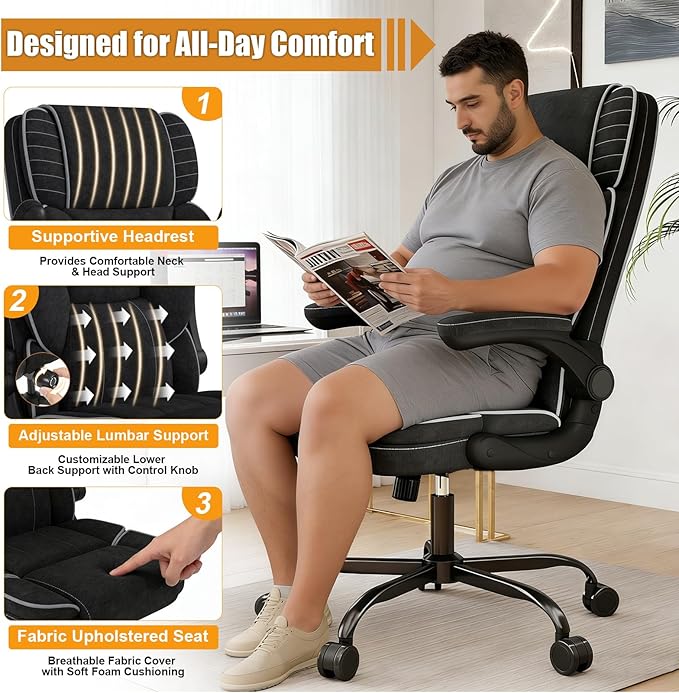 Big and Tall Office Chair with Adjustable Lumbar Support,Breathable Fabric High Back Desk Computer Chair with Adjustable Flip-up Armrests,Ergonomic Swivel PC Chair with Rocking Function