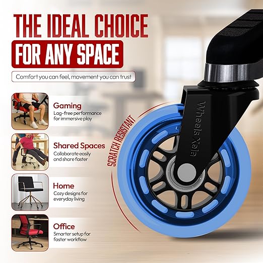 Wheels Xela Blue Office Chair Wheels, Set of 5, 3 Inch Heavy-Duty Replacement Rubber Wheels for Desk & Gaming Chair are Easy to Install & Suitable for All Floor Types