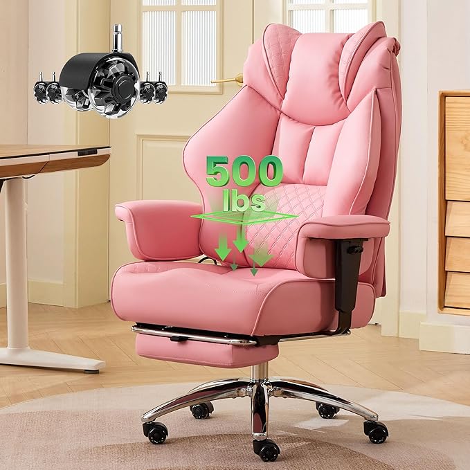 500lbs Big and Tall Office Chair Adjustable Lumbar Support, Extra Wide Seat Ergonomic Gaming Chair with Footrest, Heavy Duty High Back Executive Leather Computer Desk Chair (Pink)