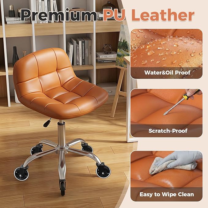 Rolling Stool Chair with Wheels, Height Adjustable Stool with Back Support, Office Drafting Chair with PU Leather Cushion for Home Office Kitchen Vanity Salon Garage Tattoo Dentist Esthetician(Camel)