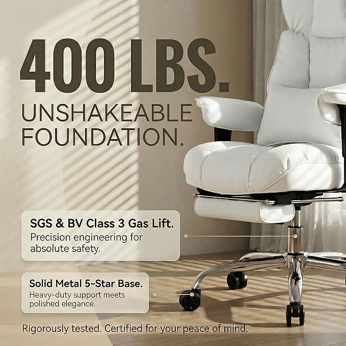 Efomao Big and Tall Office Chair 400lbs - Heavy Duty Reclining Desk Chair with Footrest, Spacious High Back PU Leather Executive Chair, Double-Layer Spring Support, White
