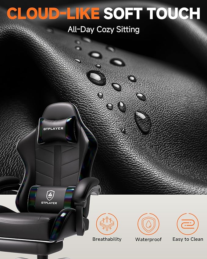 GTPLAYER Gaming Chair with Footrest, Computer Gaming Chair for Adults and Kids, Height Adjustable Gamer Chair with 90-155° Recline & Removable Headrest Lumbar Support, 01 Iridescent Black