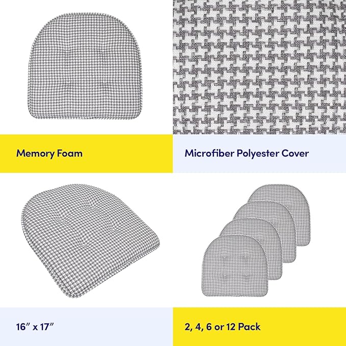 Sweet Home Collection Chair Cushion Memory Foam Pads Tufted Slip Non Skid Rubber Back U-Shaped 17" x 16" Seat Cover, 12 Count (Pack of 1), Houndsooth Gray