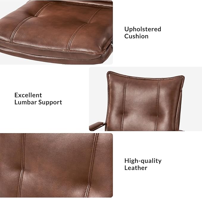 HULALA HOME Faux Leather Home Office Desk Chair, Adjustable Swivel Computer Chair with Sliver Legs and Arms, Comfy Upholstered Task Chair(Brown)