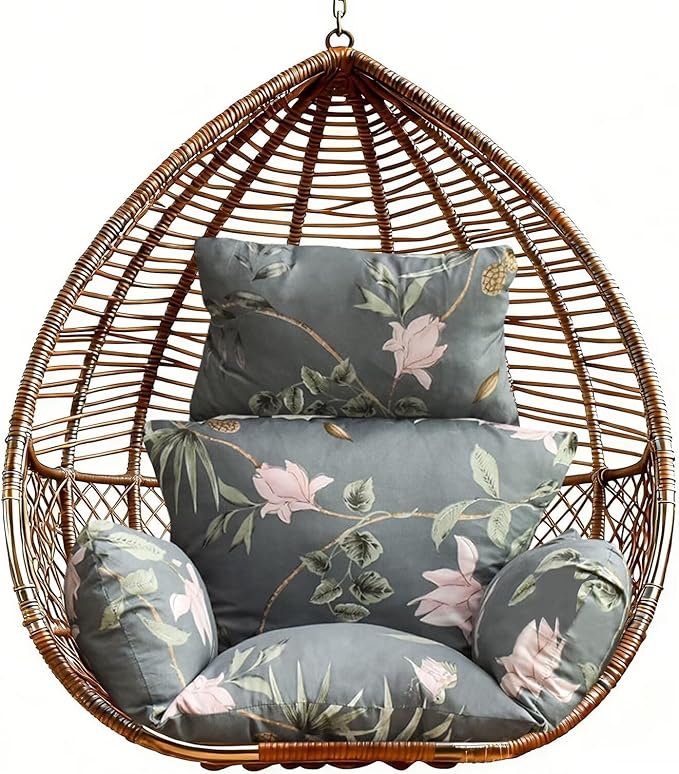 Floral Egg Chair Cushions Indoor Outdoor Hanging Basket Chair Pads Replacement Patio Basket Swing Cushion with Headrest Pillow for Home Garden Grey Pink