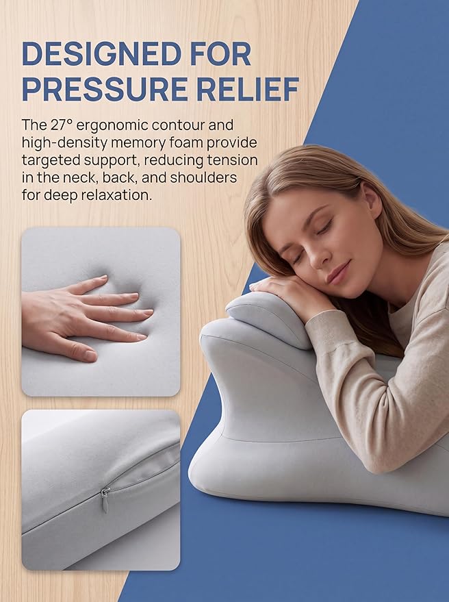27°Ergonomic Contour Pillow-Memory Foam Back Support for Reading,Bed Rest&Post Surgery Recovery,Lumbar & Neck Pain Relief Cushion (Upgrade to Plus Size Gray 23.62 x 17.32 x 11.02 inches)