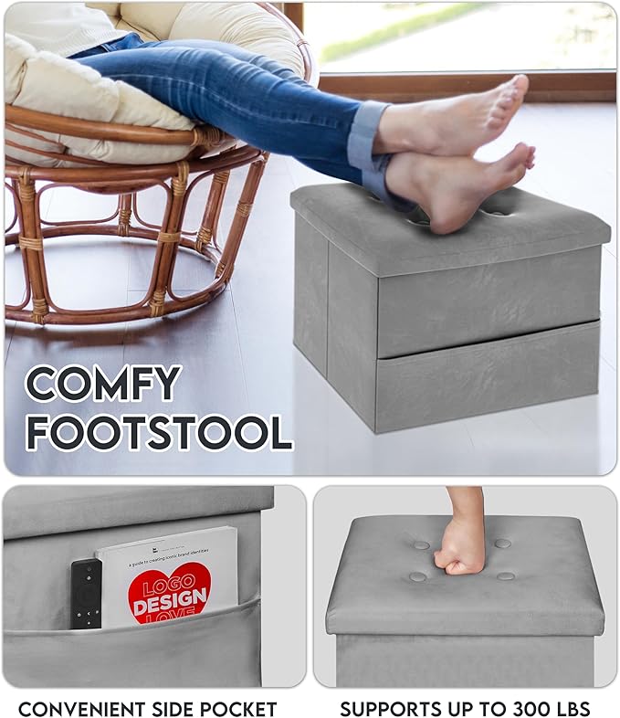 ZOES HOMEWARE Small Storage Ottoman Foot Rest, Velvet Ottoman with Storage and Side Pocket, Pink Foot Rest for Couch, Foldable Footstool Ottoman for Chair,Living Room&Dorm, 16"x12"x12" Grey