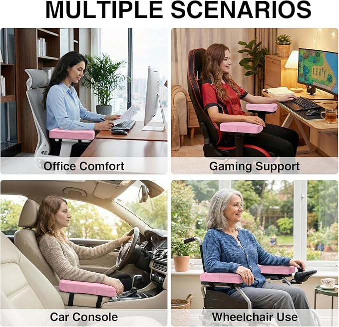 Smiry Ergonomic Office Chair Armrest Pads, Memory Foam Arm Rest Covers, Non-Slip Armrest Cushion with Adjustable Buckles and Straps, Elbow Relief for Desk, Gaming & Wheelchair (Pink, Set of 2)