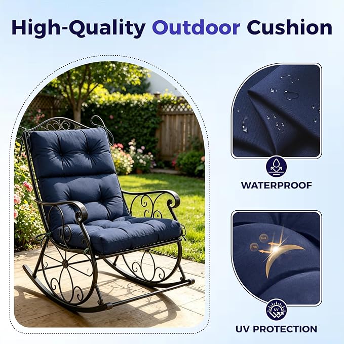 Rocking Chair Cushions Outdoor, Waterproof Patio Chair Pads with Ties for Wicker Garden Furniture 45x21 Inch Dark Black