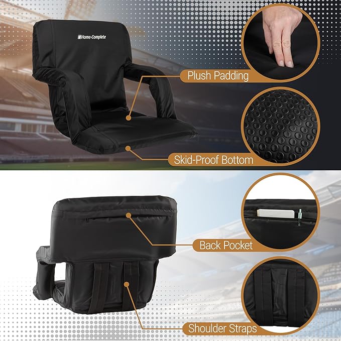 Home-Complete Stadium Seats - Bleacher Cushion with Padded Back Support and Armrests - 6 Reclining Positions Folding Stadium Chair with Carry Straps for Sports, Concerts, Camping, or Beach