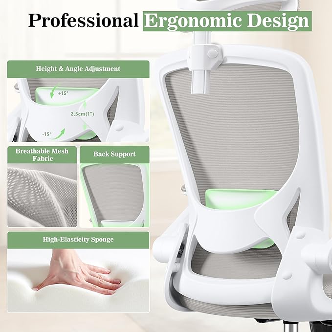 BESTFAIR Office Chair Ergonomic Desk Chair, Breathable Mesh Office Chairs with Adjustable Lumbar Support, Flip-Up Arms, Computer Desk Chair Comfy for Home Office, Light Gray