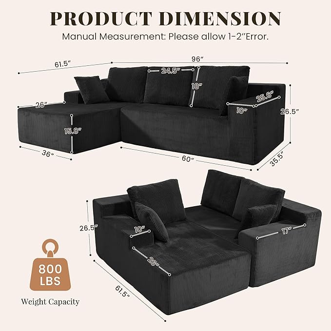GRUSIGN Cloud Sectional Boneless Couches for Living Room, Modular L Shaped Couch with Deep Seat Oversized Left Facing Chaise, Memory Foam Compressed Spineless 3 Seater Sofa for Apartment, Black | No Assembly Required, Deep Seat, Cat-Claw Resistant, Hig...