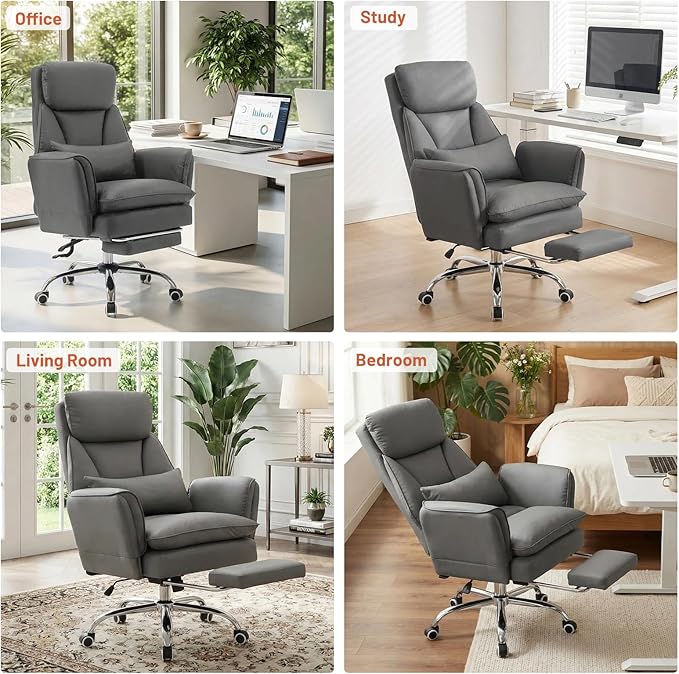 Furniliving Big and Tall Office Chair, Executive Reclining Computer Gaming Chair with Foot Rest, Flip Armrest & Lumbar Pillow, Thicken Wider Seat for Criss Cross Legged Sitting, Desk Chair, PU, Grey