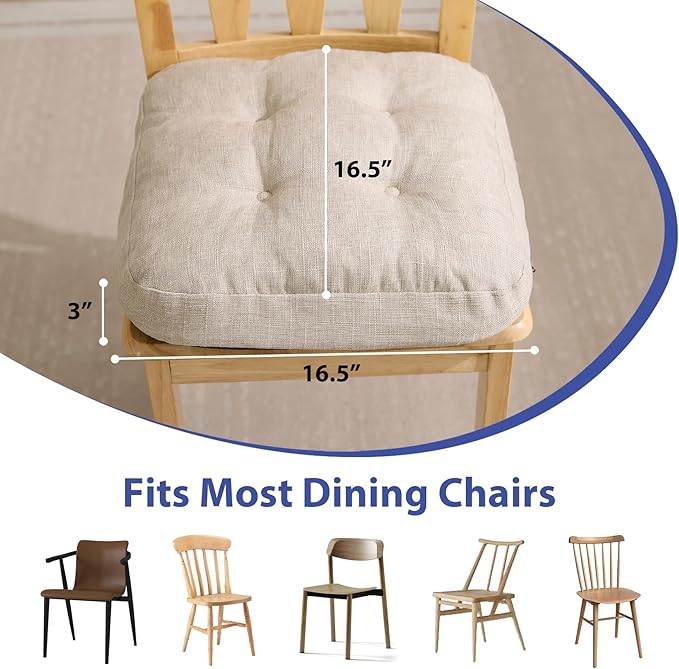 IASEAHK Chair Cushions, Memory Foam Dining Chair Cushions, Tufted Indoor Chair Pads, Set of 4, 16.5' x 16.5' x 3.5', Beige