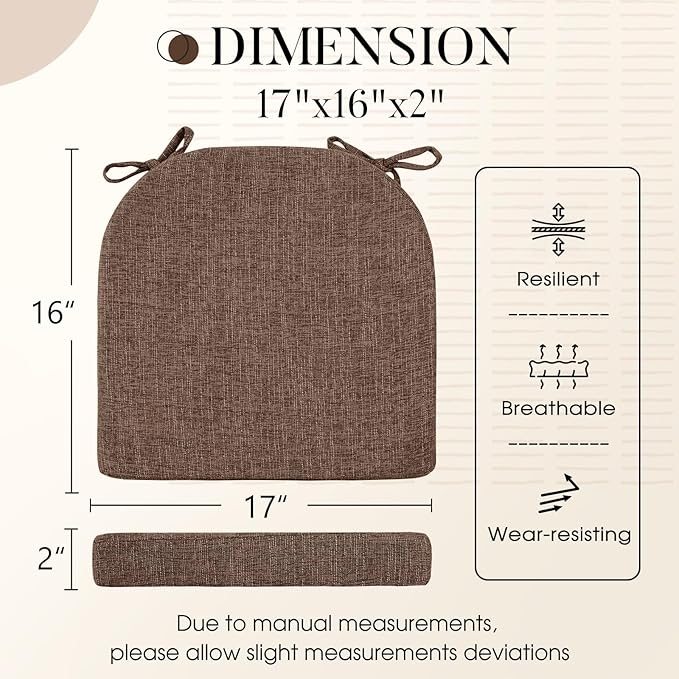 Basic Beyond Chair Cushions for Dining Chairs with Ties and Removable Cover, 2" Thick Seat Cushions for Kitchen Chairs, Set of 4, 17" x 16", Brown