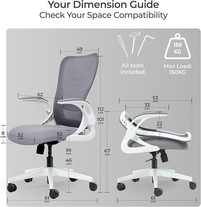 Tervo Model U | Folding Office Chair for Small Spaces | Gaming Chair for Adults & Kids | Ergonomic Mesh Computer Chair for Bedroom | Foldable Desk Chair for Home Work (White & Grey)