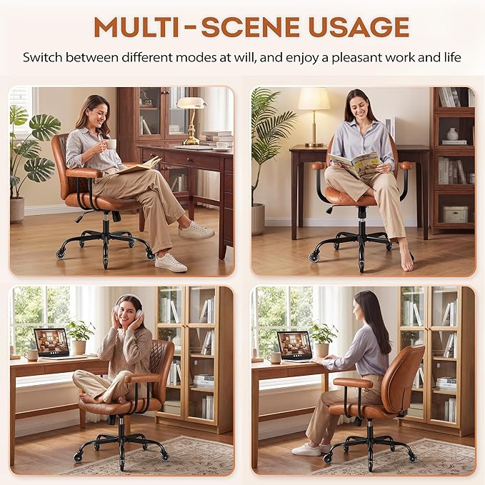 Furmax Ergonomic Home Office Chair Executive Leather Mid Back Desk Chair, Adjustable 360° Swivel Task Chair for Conference Room Study (Brown)