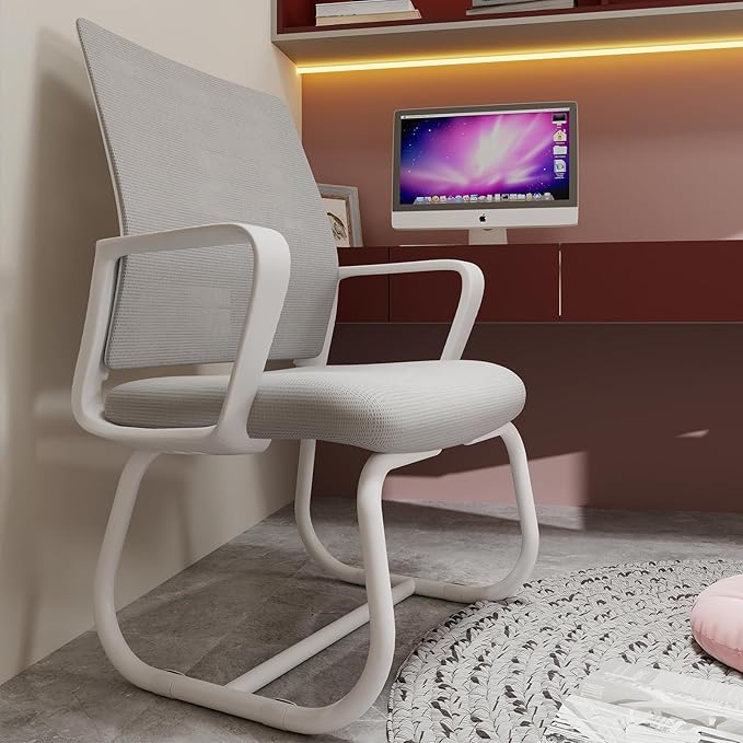 Minimalist Modern Office Chair with Metal Frame – Breathable Mesh Backrest, Ergonomic Support, Comfortable Thick Cushion for Home & Office Use (White+Gray)