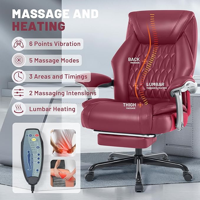 Massage Office Chair with Heat & Foot Rest, 6 Points Vibration, Ergonomic Executive Reclining Desk Chair, PU Leather Padded Seat for Home Office Comfort