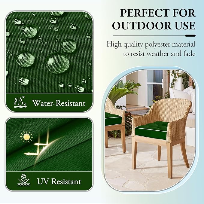 Wellsin Outdoor Chair Cushions Set of 2, Patio Cushions for Outdoor Furniture, Tufted Waterproof Outdoor Chair Pads, 17 x 17 Inch, Forest Green