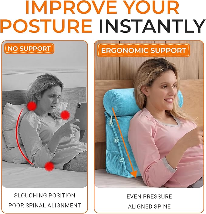 Cheer Collection Reading Wedge Pillow - Adjustable Wedge Reading Pillow with Neck Support, Hollow Fiber-Filled Backrest Pillow for Reading, Gaming, and TV Watching, Sky Blue