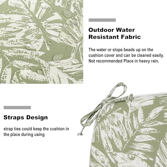 DYTXIII Set of 2 Outdoor Chair Cushions with Ties, Water Repellent Patio Chair Pads 17"x 16" for Outdoor Furniture, Round Corner Seat Cushions for Garden Yard Kitchen Tropical Leaf Green