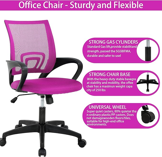 Ergonomic Office Computer Desk Chair, Mid-Back Mesh Rolling Work Swivel Task Chairs with Wheels, Comfortable Lumbar, PVC Base, Pink