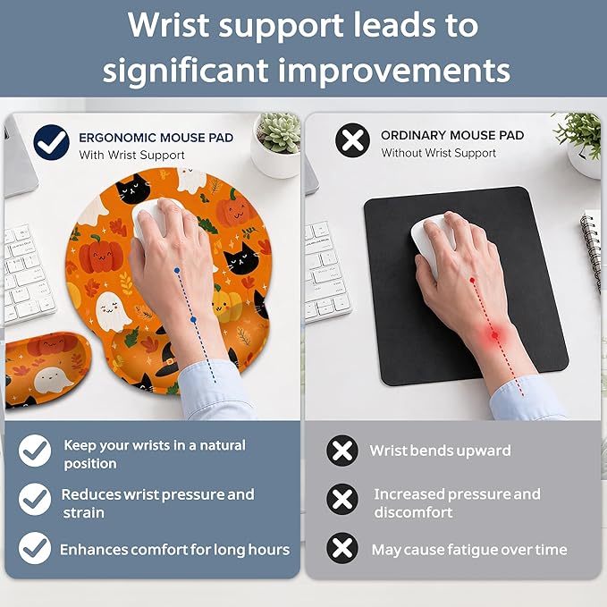 Halloween Wrist Rest Support for Mouse Pad Keyboard Set, Ghosts Pumpkins Black Cats Mouse Pad with Non Slip Rubber Base for Home and Office Typing Support