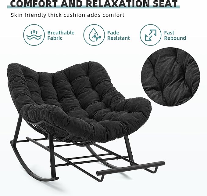 Oversized Rocking Chair Indoor with Foot Rest, Papasan Rocking Chair Outdoor, Lounge Chair with Cushion, Patio Egg Rocker Chairs, Comfy Reading Chairs for Living Room,Garden, Lawn, Dark Grey