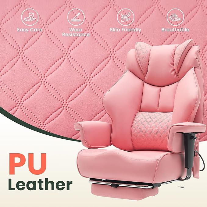 500lbs Big and Tall Office Chair Adjustable Lumbar Support, Extra Wide Seat Ergonomic Gaming Chair with Footrest, Heavy Duty High Back Executive Leather Computer Desk Chair (Pink)