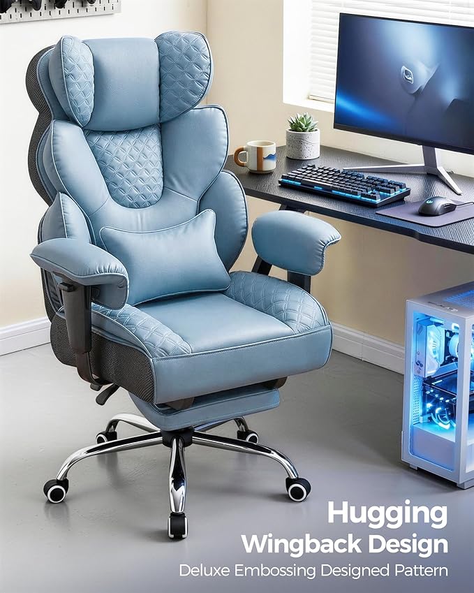 GTPLAYER Big and Tall Gaming Chair Ergonomic Heavy Duty Office Chair Racing Seat with Adjustable Lumbar Pillow Footrest 150° Reclining Thickened Armrests Breathable Mesh for Esports/PC Gaming