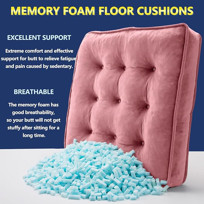 1 MIDDLE ONE Floor Pillow Set of 2, Memory Foam Meditation Cushion, Floor Cushions for Adults Sitting, Large Square Seat Cushions for Yoga, Living Room, 20x20 Inch (Pink)