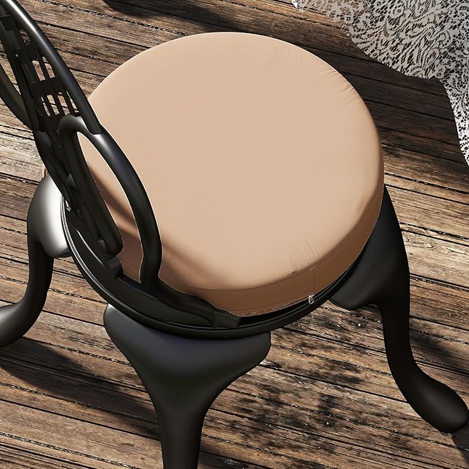 Outsunny Outdoor Bistro Chair Cushions Set of 4 with Machine Washable Cover, 15" x 15" x 3" Thick Round Seat Cushions for Patio Furniture with Ties, Chair Pads for Dining Chairs, Khaki