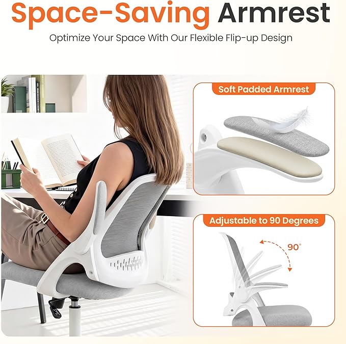 NEO CHAIR Office Chair Computer Desk Chair Ergonomic Gaming Comfy Mesh with Flip-up Arms Lumbar Support Adjustable Height Rolling Wheels for Home Office (Grey)
