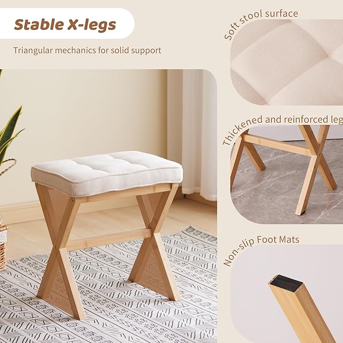 Foot Stool Small Ottoman Foot Rest Padded Foot Stool Desk for Under Office Desk Vanity Stool Bamboo Footstool Sofa Footrest Shoe Stool Small Foot Stools (Natural Legs + Beige)