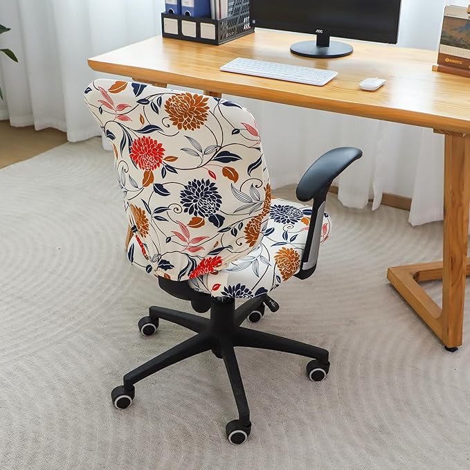 FORCHEER Floral Split Office Chair Covers Two Pieces Stretch Separated Desk Chair Slipcover Washable -Spring Floral