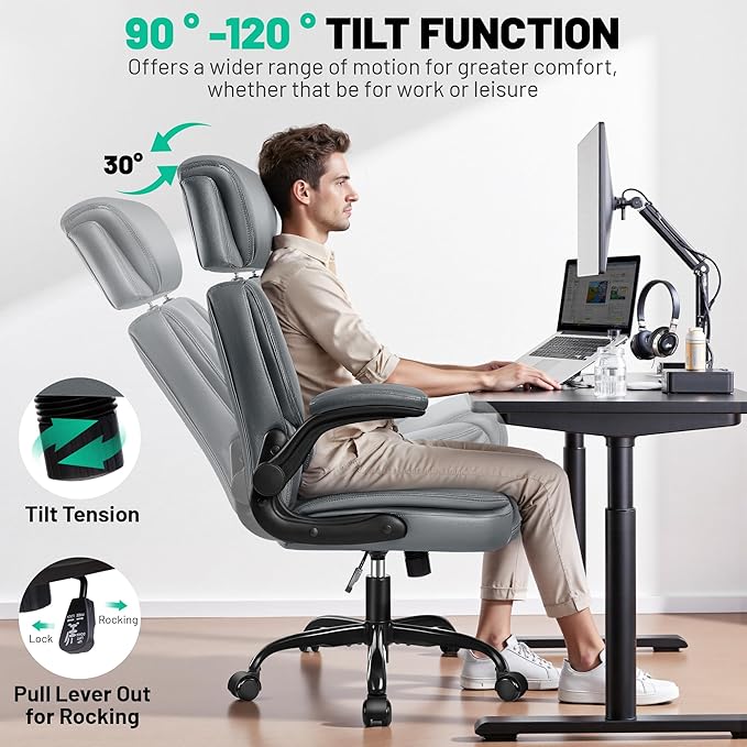 BestGlory Ergonomic Office Chair, PU Leather High Back Desk Chair with Adjustable Headrest and Padded Flip-Up Arms, Lumbar Support Computer Chair for Home Office Gaming, Grey