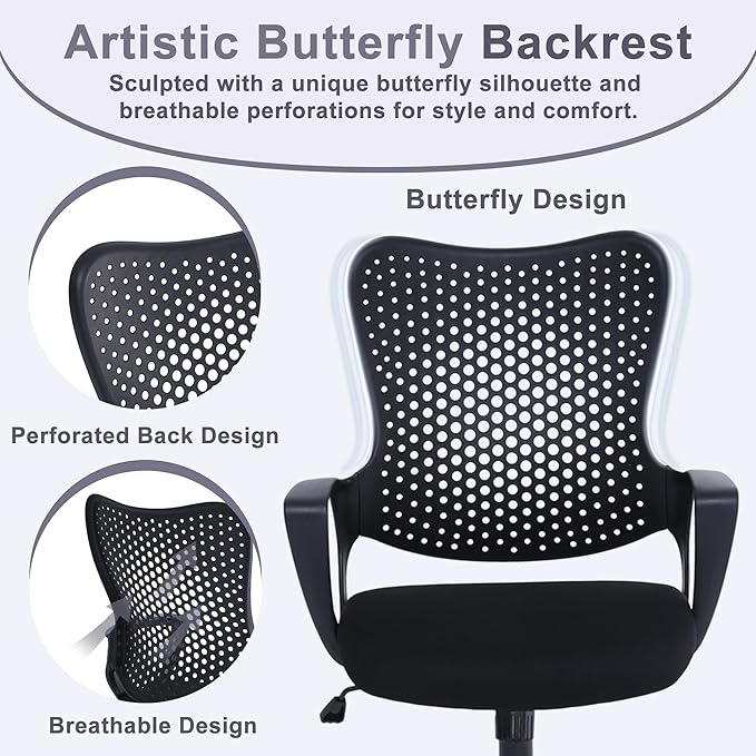 Ergonomic Office Chair, Breathable Mesh Computer Desk Chair with Armrests, Rolling Swivel Task Chair, Butterfly Back Design for Home Office, Adults and Teens (Black)
