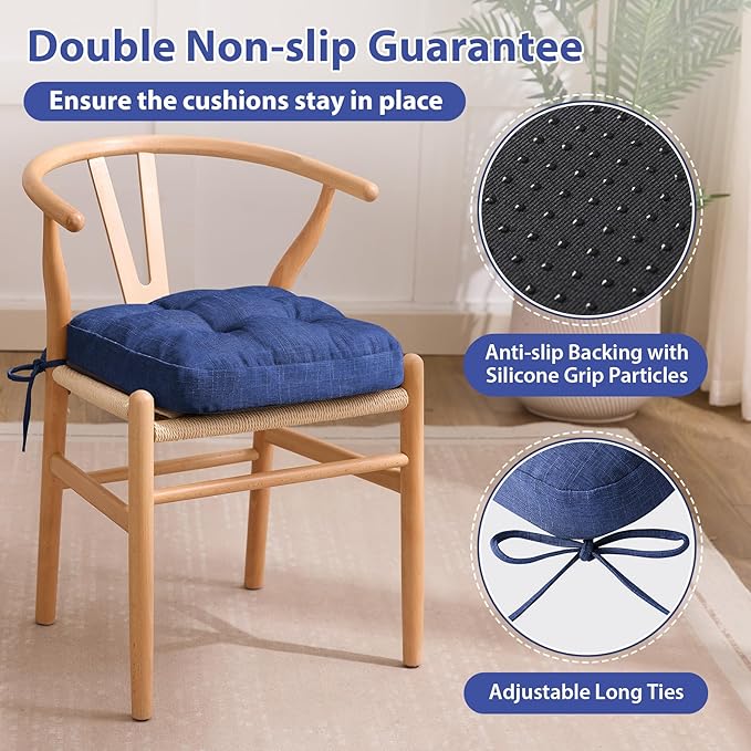 IASEAHK Chair Cushions for Dining Chairs, Dining Chair Cushions, Tufted Indoor Chair Pads with Ties & Non Slip Backing, Seat Cushions for Kitchen Chairs 16.5” x 16.5” x 3.5”, Set of 6, Navy Blue